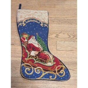 SFERRA Needlepoint Christmas Stocking Santa Claus on Sleigh Vtg damaged